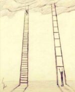 one person climbs to the top of a ladder with small steps, while another person is frustrated at the bottom of a ladder with steps that are too big